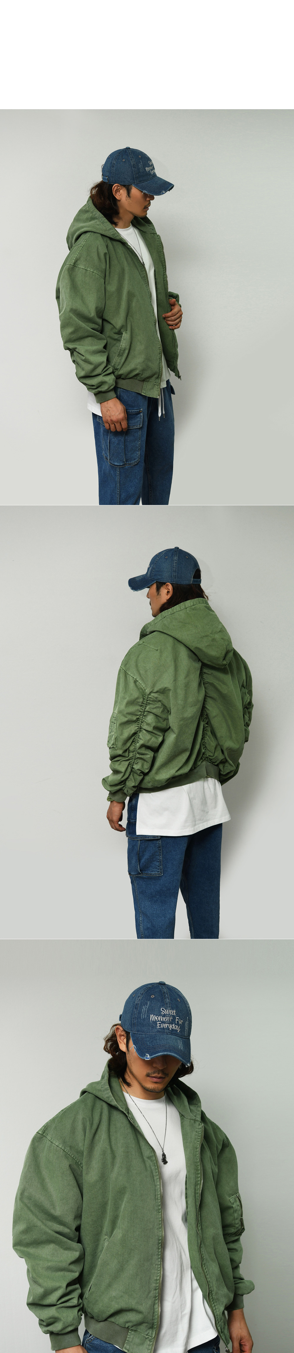 Mens Pigment Hood Shirring Military Flight Bomber Jumper Jacket By